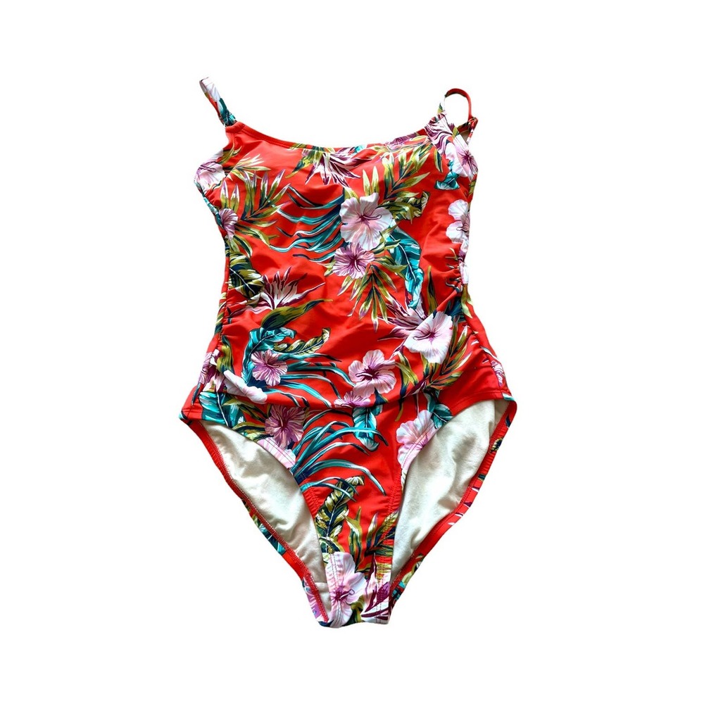 *Kona Sol One Piece Swimsuit Red Hawaiian Floral Built-in Bra Ruched Sides Small